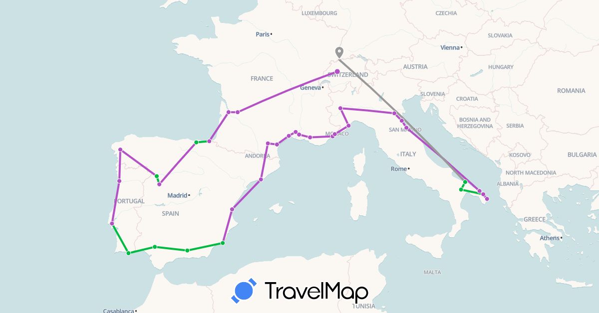 TravelMap itinerary: driving, bus, plane, train in Switzerland, Spain, France, Italy, Portugal (Europe)